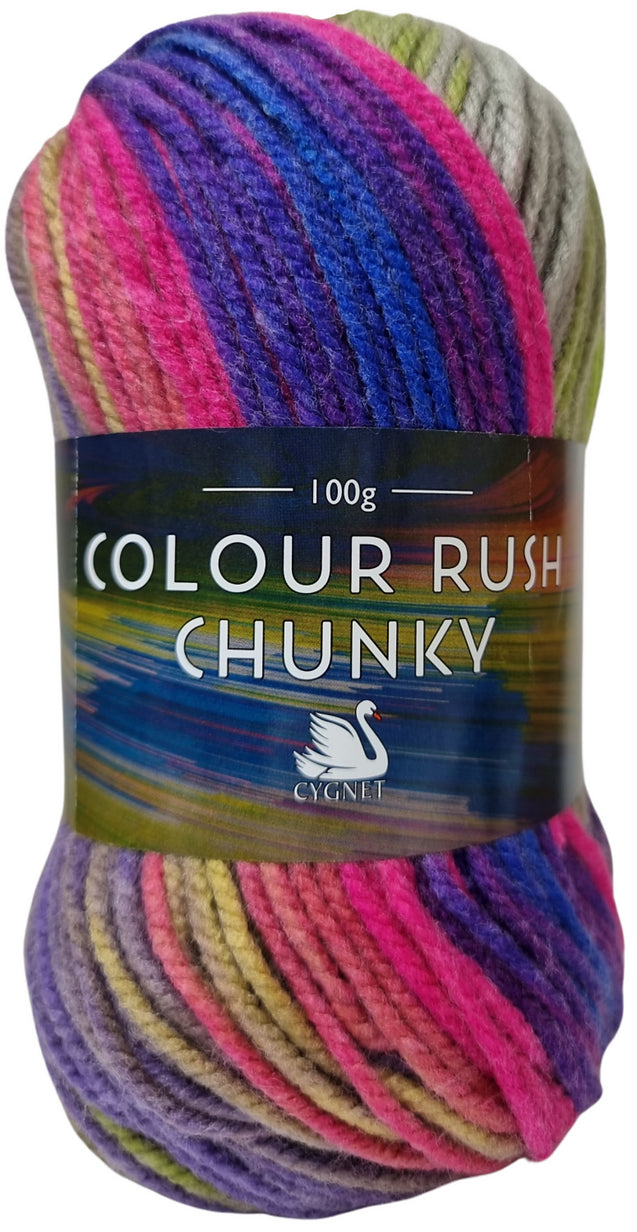 ball of colour rusk chunky wool in thunderstorm shade. ixes vibrant shades of blue, pink, greens and paler shades of purple and greens.