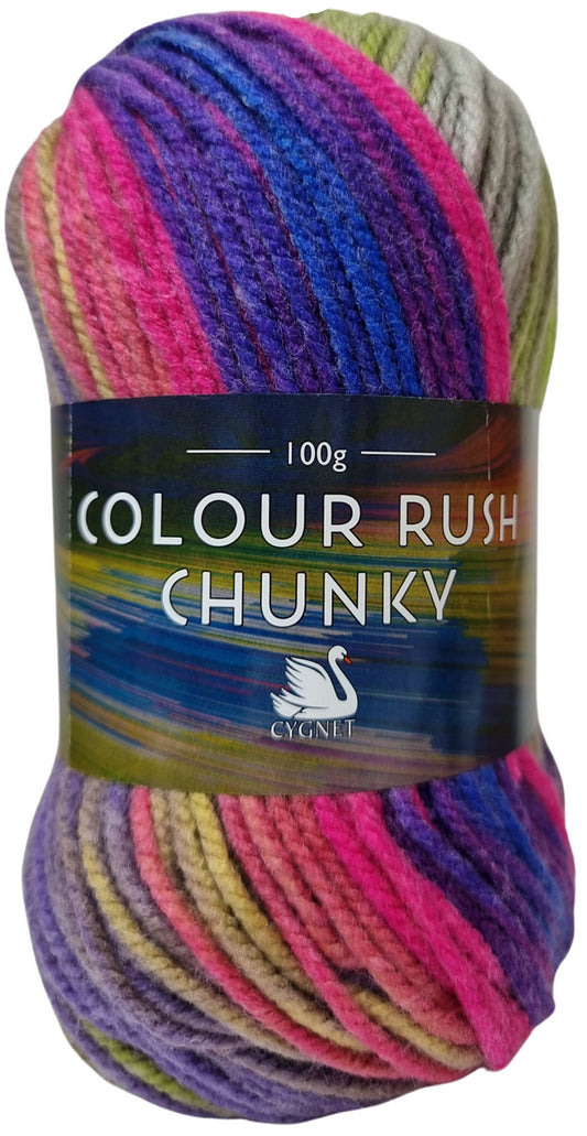 ball of colour rusk chunky wool in thunderstorm shade. ixes vibrant shades of blue, pink, greens and paler shades of purple and greens.